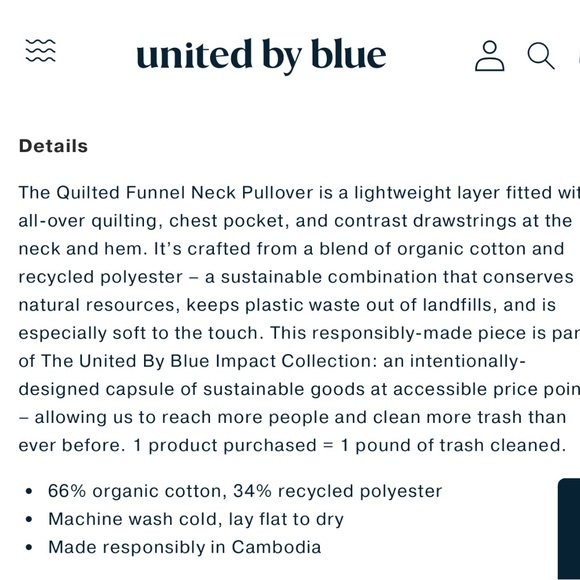 United by Blue Quilted Funnel Neck Pullover NWT size MEDIUM - Picture 6 of 11